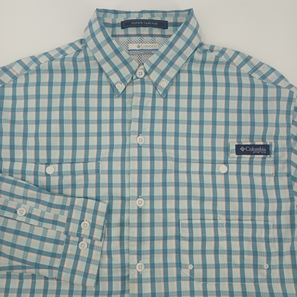 Columbia PFG Super Tamiami Shirt Mens Medium Blue Plaid Long Sleeve Fishing Omni